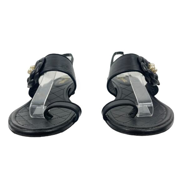 Chanel Camellia Pearl Logo Toe Ring Slingback Flat Sandal Black Size 37.5 - Picture 3 of 13